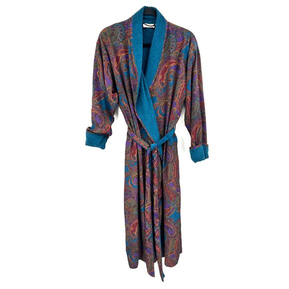 VICTORIA'S SECRET Vintage Blue Gold Paisley Terry Cloth Long Robe XS / Small